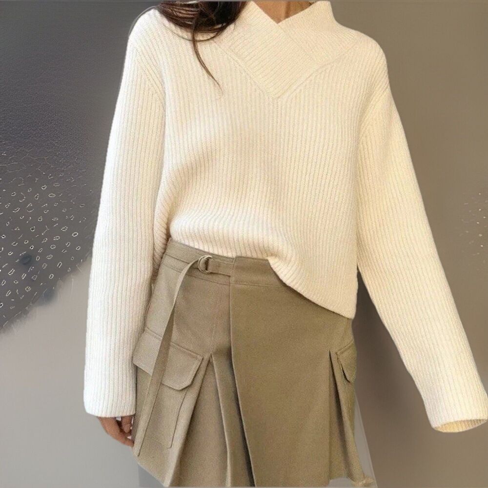 Zara Cable  rib  Knit  V-NECK Crop Sweater Size S  IVORY NWT